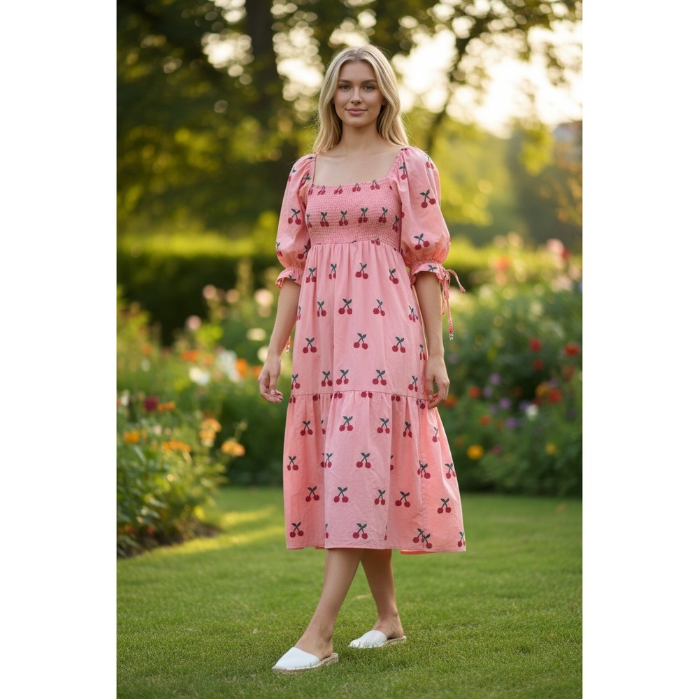 Farm Rio Cherry Cross Stitch Midi Dress SZL Pink Embroidered Smocked Puff Sleeve